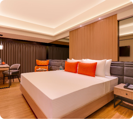 Hotel bedroom with luxury amenities